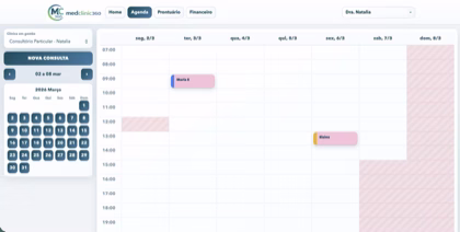 Tela da MedClinic360 com agenda e prontuário integrados