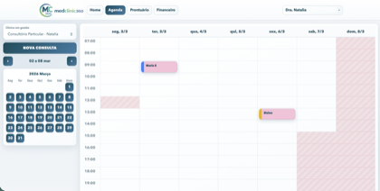 Exemplo da interface da plataforma MedClinic360 com agenda, prontuário e financeiro